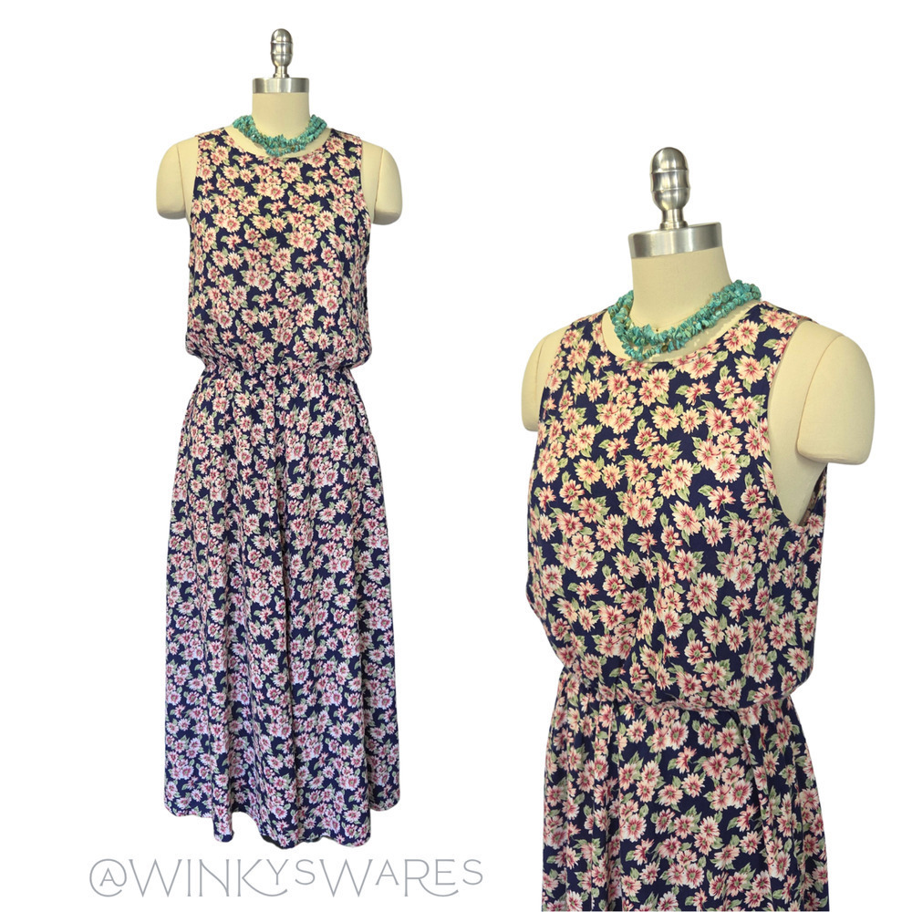 Vintage 90s My Michelle Floral Midi Dress Size M Navy Blue Sleeveless Whimsygoth